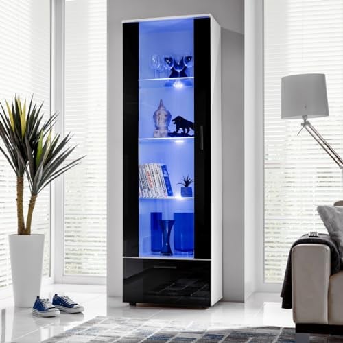Komodee, Vitrine Schrank Alessandria, Weiß/Schwarz, Breite 60cm x Höhe 192cm x Tiefe 42cm, LED RGB, 3 Glasböden, 1 Regal aus laminierter Platte, für Wohnzimmer, Schlafzimmer