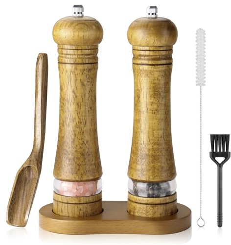Salz und Pfeffermühle Holz Set mit Untersetzer, Manuelle Pepper Grinder Gewürzmühle Chilimühle (2er Set, 21.5 cm)