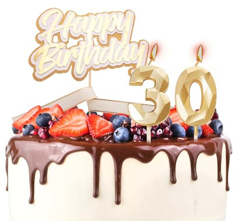 Happy 30th Birthday Cake Topper Birthday Candles Gold Number 30 Candles for Birthday Cake - Personalised Age 30 Cake Topper & Candles, 30th Birthday Cake Decorations for Her Women