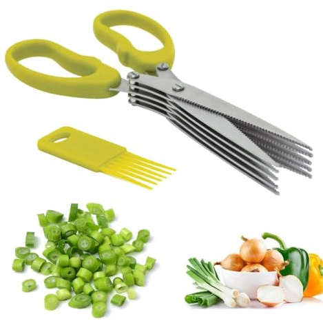 TNSRAY Herb Scissors Green Herb Scissors Stainless Steel Kitchen Scissors 5 Blades Spice Scissors Chive Scissors Vegetable Scissors with Cleaning Comb, Kitchen Herb Scissors for Herbs, Chives, Parsley