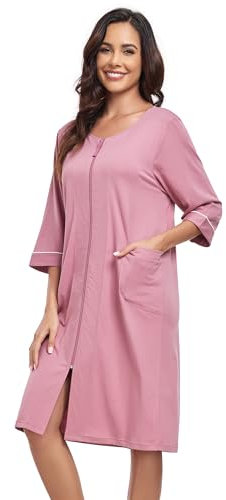COLORFULLEAF Damen Bademantel mit Reißverschluss Leicht Morgenmantel 100% Baumwolle Hausmantel 3/4 Ärmel Nachthemd mit Taschen(Rosarot,L)