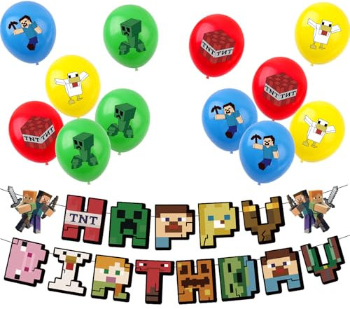 Minecraft Birthday Decorations Mine craft Gaming Party Pack,1pcs Happy Birthday Minecraft Banner and 12pcs 12inch Minecraft Gaming Birthday Balloons for Kids Boys Minecraft Games Party Decorations