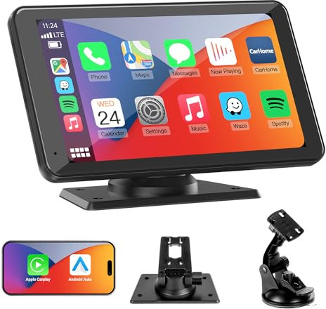 7 Inch Wireless Car Screen with Apple CarPlay & Android Auto, Portable Car Stereo HD Car Play Touch Screen for Car, Live GPS Navigation Driveplay Car Audio Receivers with Voice Control, BT, FM, AUX