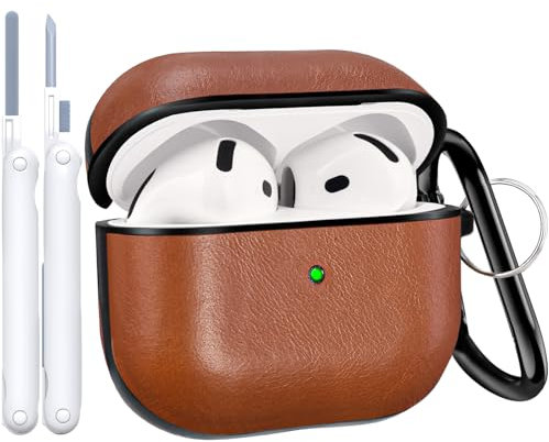 V.R.HOPE Hülle Kompatibel mit AirPods 4, Leder Stoßfester Schutzhülle mit Cleaner Kit & Karabiner, Echtleder Kopfhörer Case Airpods 4 Generation 2024 für Männer Frauen- Hellbraun