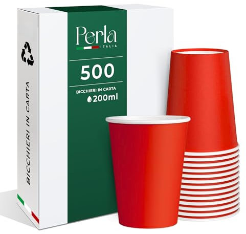 Perla - 500 Bicchieri in Carta da 200ml Ecologici Biodegradabili Monouso - Adatto per Bevande Fredde e Calde - Prodotto e confezionato in Italia - Made in Italy (Rosso)