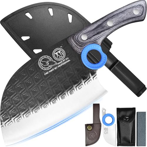 XYJ Authentic Since 1986, Heavy Duty Large Meat Cleaver, cuchillo de carnicero de chef serbio con estuche, cuchillo de cocina vegetariano de Chefs, Full Tang for Outdoor Camping, Wood Handle with
