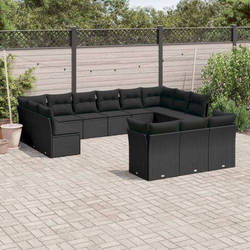Qnhdfrt Garten Sofa Garnitur 13 teilig Schwarz PE Rattan Outdoor Lounge Set mit Kissen für Terrasse Balkon und Garten