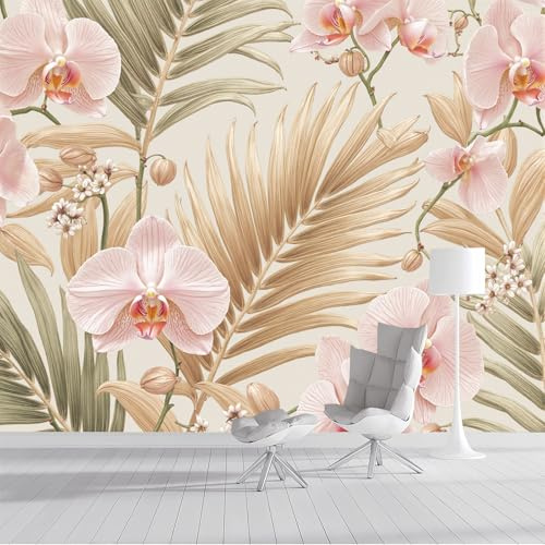 Rosa Orchidee Pampasgras Palmenblätter Fototapete Wandbild - Tropische Pflanze - 200x140cm Seide Wandtapete Fotoplakat Für Die Wanddekoration Von Wohnzimmer Schlafzimmer Küche, Heller Pfirsich