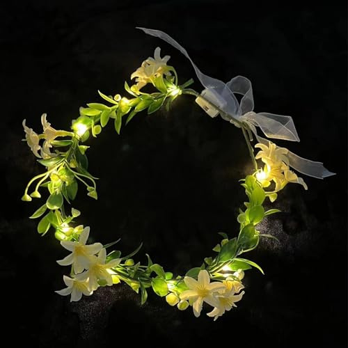 Kaleora LED Blumenkranz Stirnband, Leuchtender Blumenkranz mit Lilien, Warmweißes Leuchtende Blumengirlande für Frauen, Karneval, Hochzeit, Festival Party Kopfschmuck