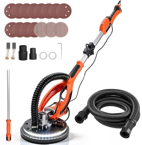 VEVOR Ponceuse Girafe 850 W Ponceuse Mur et Plafond Tuyau d'Aspiration pour Plaques Plâtre Cloisons Sèches Plaquiste, 800-1700 tr/min, Éclairage LED, Poignée Télescopique Pliable, 15 Disques Ponçage