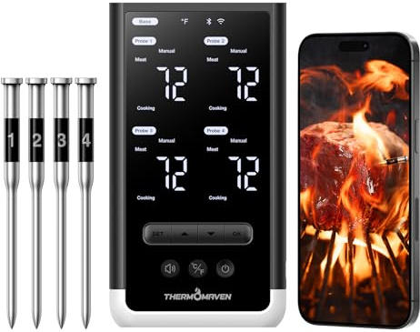 ThermoMaven Smart Bluetooth Wireless Meat Thermometer with Standalone Base, 6 Sensors with NIST Certified Accuracy, Long Range WIFI Stability, 4 Probes for Grill, Smoker, Oven, BBQ, White