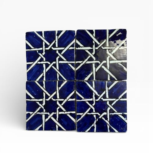 Piastrelle Marocchine Fatte a Mano, Ceramica Zellige Blu e Bianco, 10x10 cm, Set da 4, Decorazione per Parete e Cucina