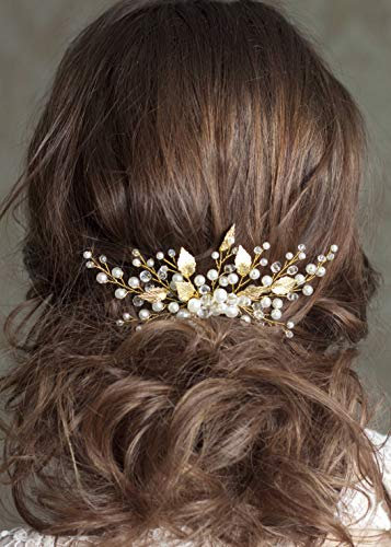 Kercisbeauty Wedding Hair Comb for Brides Pearl Hair Accessories for Women Bun Hair Piece Leaf Hair Comb (Rose Gold)