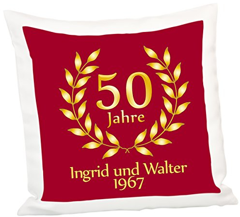 Geschenke 24 Personalisiertes Kissen – goldene Hochzeit: rotes Dekokissen 40x40 mit individuellem Wunschnamen und Jahreszahl, persönliche Geschenkideen zum Hochzeitstag