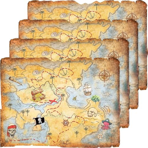 Outus 4 Stück Schatzkarte für Piraten Party Geburtstag Vintage Retro Stil | Gold Verstand, Schatzkarte, Party Accessoire, Für Piraten Geburtstag Deko, Kostüm Zubehör