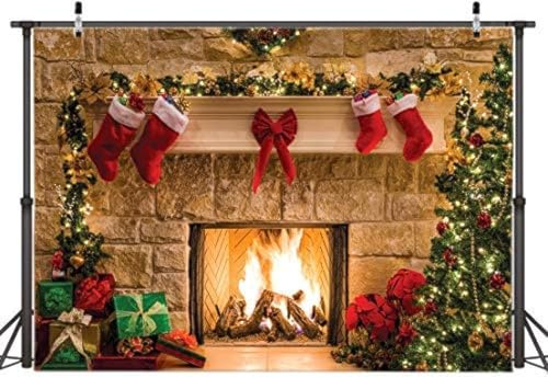 AIIKES 8x6FT Frohe Weihnachten Hintergrund - Baumsocken, Geschenk, Familienfeier, Ornamente, Frohes Neues Jahr, Weihnachten Kamin Thema Fotografie Bild Banner Dekoration 11-209