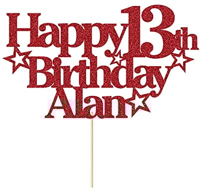 EDSG Personalised Happy Birthday Cake Topper Custom Party Decoration with Any Name Any Age Multicolour Glitter Cake Topper 13th 16th 18th 21st 30th 50th 60th 80th Hand Finished in UK (Red)