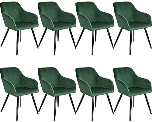 tectake® 8er Set Esszimmer Stuhl, Esszimmerstühle mit Sitzfläche aus Samt, Armlehnstuhl, Sessel Wohnzimmer, gepolsterter Office Chair, Schminktisch Stuhl, gemütlicher Küchenstuhl - dunkelgrün/schwarz