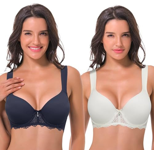 Curve Muse Damen Leicht Gepolstert Bügel Spitze BH mit gepolsterten Schultergurten-Schwarze Iris, Creme-95D