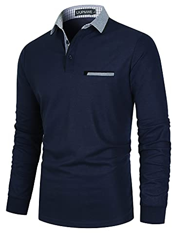 LIUPMWE Herren Poloshirts Langarm Baumwolle Polohemd Basic Casual Fitness Einfarbig Golf T-Shirt mit Brusttasche S-2XL,Marine,L