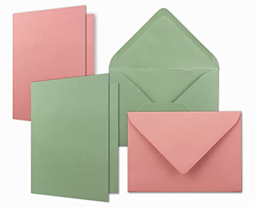 FarbenFroh by GUSTAV NEUSER - 20x Kartenpaket DIN A6 / C6 in Altrosa (Rosa) und Eukalyptus (Grün) - Faltkarten mit Falz A6 10,5 x 14,8 cm & Umschläge C6 11,4 x 16,2 cm
