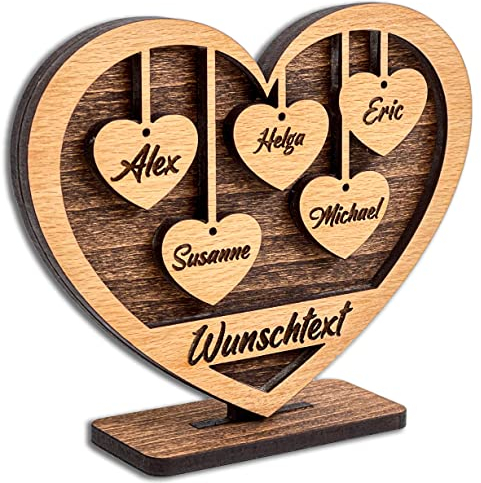 DARO Design - Herz mit Gravur aus Holz - Wunschtext und 5 Namen - Geschenk für Eltern, Großeltern, Oma, Opa, Enkel, Freunde, Liebe - Größe 15x12x4cm - Individuell, Persönlich