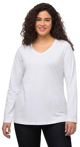 Ulla Popken T- Shirt Basique, col en V, Slim, Manches Longues, Blanc Neige, 56-58 Femme