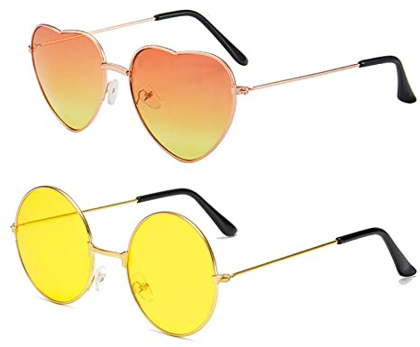 2 Paar Hipppy Brille Retro Verkleidung Sonnenbrille Herz & Runde Sonnenbrille Coole Orange Farbige Sonnenbrille 60er 70er Jahre Festival Verkleidung Kostüm Zubehör für Frauen Männer
