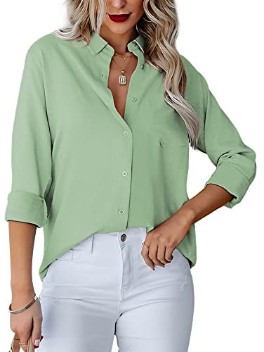 Homlan - Camicia da Donna con Scollo a V, a Maniche Lunghe, Elegante e Casual, con Bottoni, in Tinta Unita e con Tasca sul Petto, Verde Chicchi, L