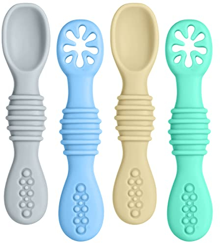 Vicloon Cuillère en Silicone pour Bébé,4PCS Cuillères Bébé Apprentissage Ustensile d'apprentissage Adapté à Dentition Première Étape Recommandé par Les Experts Sevrage