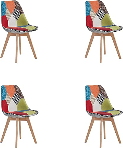 HJhomeheart Juego de 4 Sillas de Comedor de Tela Patchwork con Cojín de Asiento Extraíble y Patas de Madera Maciza para Comedor, Sala de Estar, Cocina, etc. (Retazos Rojo)