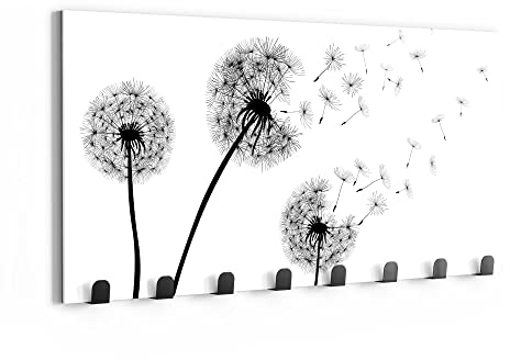 DEQORI Wandgarderobe Glas & Metall | Motiv Schwarze Pusteblumen | 60x30 cm | Design Haken-Leiste modern | Garderoben-Paneel für Flur, Wohnzimmer & Schlafzimmer | magnetisch & beschreibbar