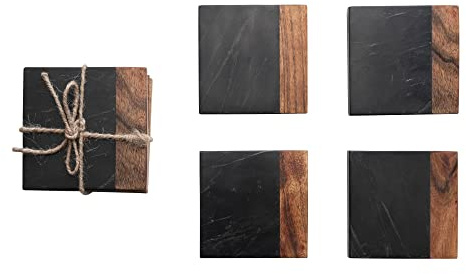 Creative Co-Op Untersetzer aus Marmor und Akazienholz, 2-farbig, Schwarz und Natur, 4 Stück