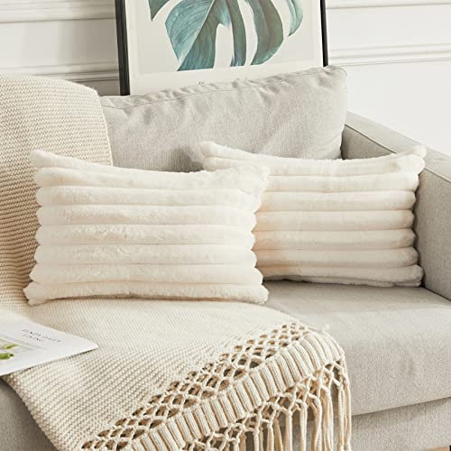 Joyouth 2er Set Doppelseitige Plüsch Samt Kissenbezüge Weiche Künstliche Pelz Kissenbezüge Dekorativ für Couch Sofa Schlafzimmer Wohnzimmer Zuhause 30x50 cm Cremeweiß