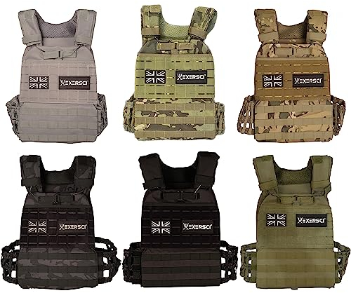 Exersci® Tactical Weighted Vest (1.5kg - 23.5kg) - Calisthenics, Bodyweight Workouts, HIIT, Cardio & Strength Training (20kg Vest (Vest + 2 x 4.25 + 2 x 5kg Plate), BLACK CAMO)