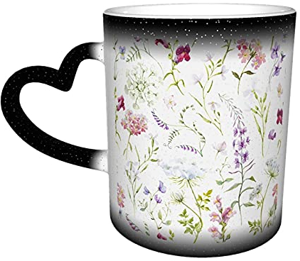 BOHHO Taza de café con flores silvestres y acuarela, taza de viaje personalizada con cambio de Color negro mágico, Taza de cerámica sensible al calor