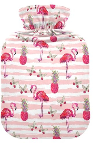 Wärmflasche, 2 l, großer Wärmbeutel mit weichem Plüschbezug, Flamingo-Ananas-Schmetterling, auslaufsicherer Schraubverschluss, ideal für Wintersport, Outdoor, Rücken, Nacken und Beine, kalte
