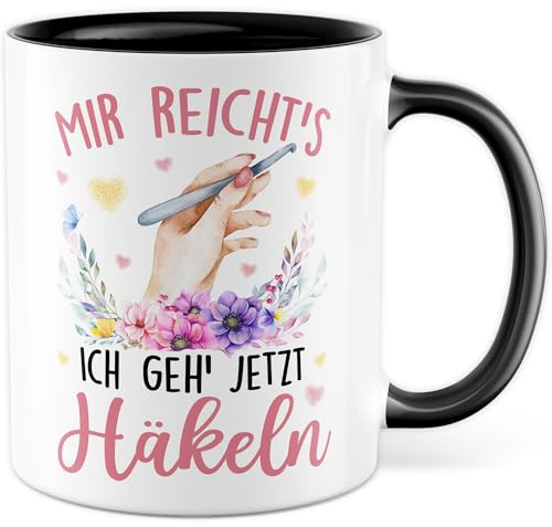 Häkeln Tasse mit Spruch - Geschenk Mir reichts - Ich geh Häkeln - Kaffeetasse 330ml aus Keramik - Häkeln Strickzubehör Kollegin Freundin Geschenkidee lustig Teetasse Kaffee-Becher