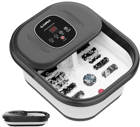 CuPiLo Masajeador de baño de spa de pies con calor, masajeador de pies plegable, bañera de spa con burbujas, luz roja, piedra pómez y rodillos de masaje Shiatsu, spa de pies de pedicura para