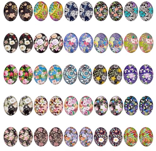 PH PandaHall 50 Stück 25 Stile Ovale Glas Cabochons 25mm Blumen Glas Cabochons Kuppel Vintage Edelsteinfliesen Zum Basteln von Fotoanhängern Ohrringen Halsketten Und Schmuckherstellung