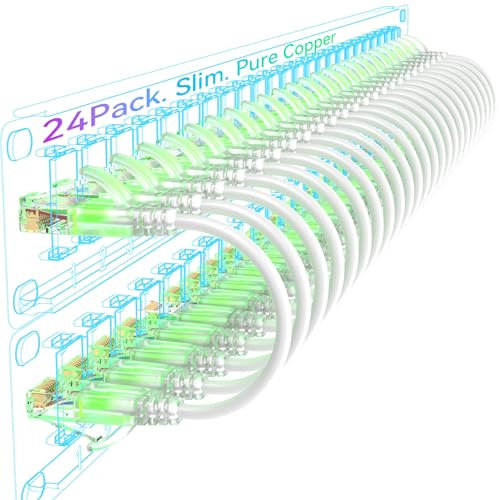 Sokqovt Cat6a Patch Cables Slim 0.5ft (24 Pack), Flexible Cat6 Ethernet Patch Cable 10G 550MHZ, 28AWG Pure Copper Cat6 Patch Cable for Network Cabinet, Cat 6 Patch Cable White