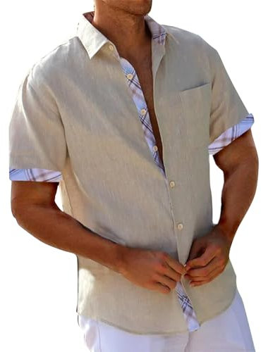 Beige Linen Shirt - Short Sleeve XXL Men's Casual Shirts