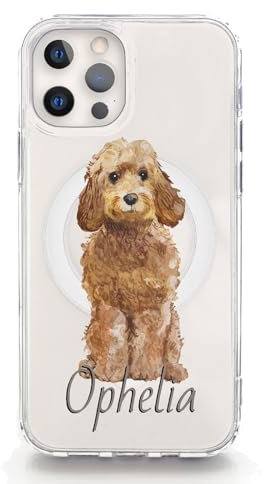 Personalised Initial Phone Case For Apple iPhones, 16, 15, 14, 13, Pro Max, Mini, Samsung S23, S24, S25 Clear Gel Case Compatible with Magsafe, Golden Honey Cockapoo with Initials, Dog Phone Case