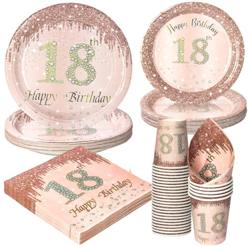 PARTY GO 96 Pcs Happy 18th Birthday Tableware Set, Rose Gold Paper Plates Cups and Napkins, Disposable Dinnerware Party Decorations for Women,Men 18th Birthday Party Supplies Serve 24 Guests