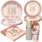 PARTY GO 96 Pcs Happy 18th Birthday Tableware Set, Rose Gold Paper Plates Cups and Napkins, Disposable Dinnerware Party Decorations for Women,Men 18th Birthday Party Supplies Serve 24 Guests