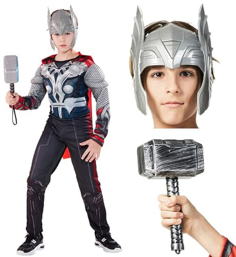 Yearsahrk Costume de Thor 4 pièces pour enfant - Costume musculaire Deluxe - Masque de Thor - Cape - Marteau - Carnaval - Halloween - Cosplay