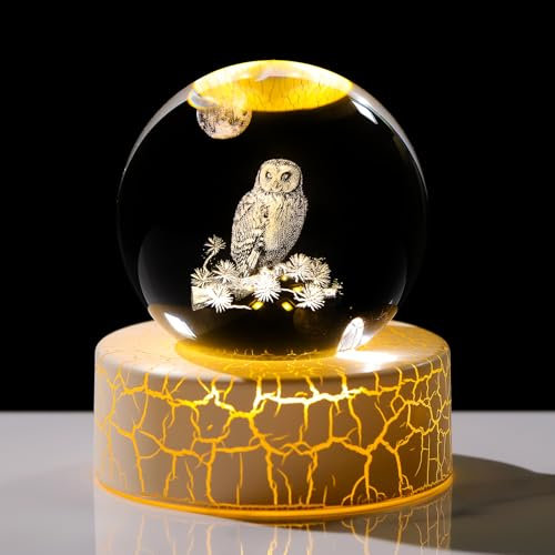 Kristallkugel, 6 cm, Eule, 3D-Gravur, Figuren mit warmen Lichtern