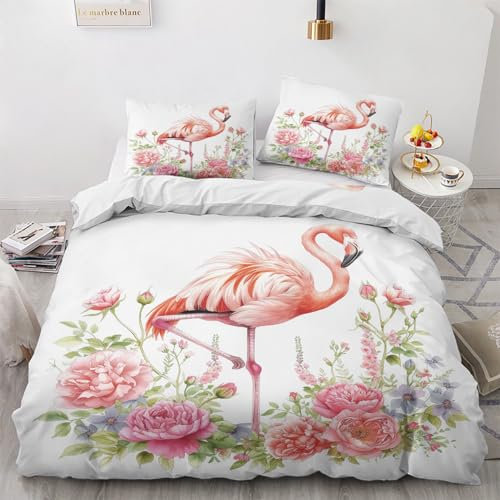 Maohryzed Housse de Couette Flamant Rose, Parure de Lit Oiseau Fleur 140x200cm Adulte Enfant Déco, Ensemble de Literie en Microfibre Douce avec Fermeture Éclair, avec 1 Taie d'oreiller 65x65cm