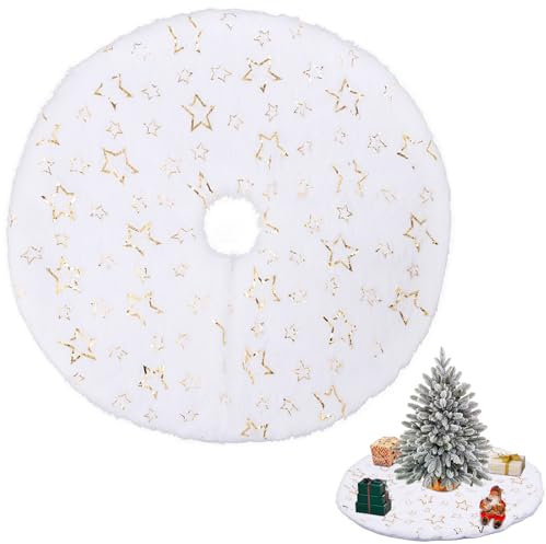 Gonne per Albero di Natale, Tappeto Albero di Natale Bianco, Tappeto per Albero di Natale Neve, Tappeto Rotondo Natalizio 15/38cm, Decorazioni Albero di Natale (Oro-Stelle)