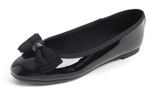 MEET JOLIE Damen-Ballerinas mit runder Zehenpartie, niedlicher Schleifenbesatz, Schwarz Lack, 38 EU